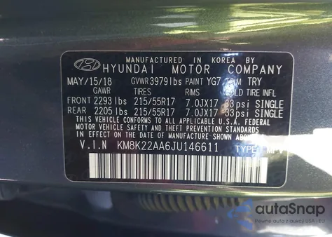2018 Hyundai Kona Sel z USA, uszkodzony, nr VIN KM8K22AA6JU146611